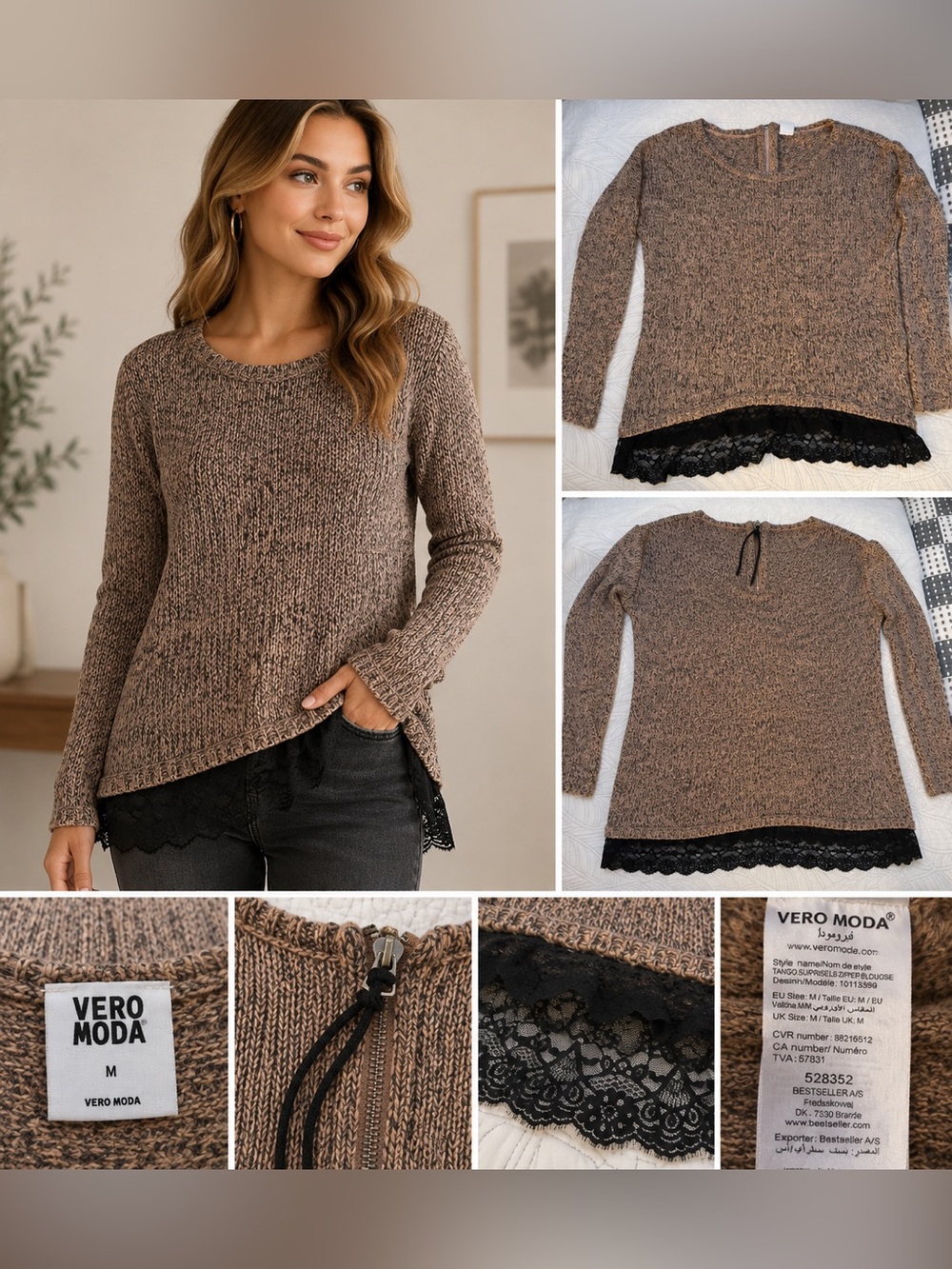 Vero Moda Marled Knit Sweater with Black Lace Hem Zip Black Size M